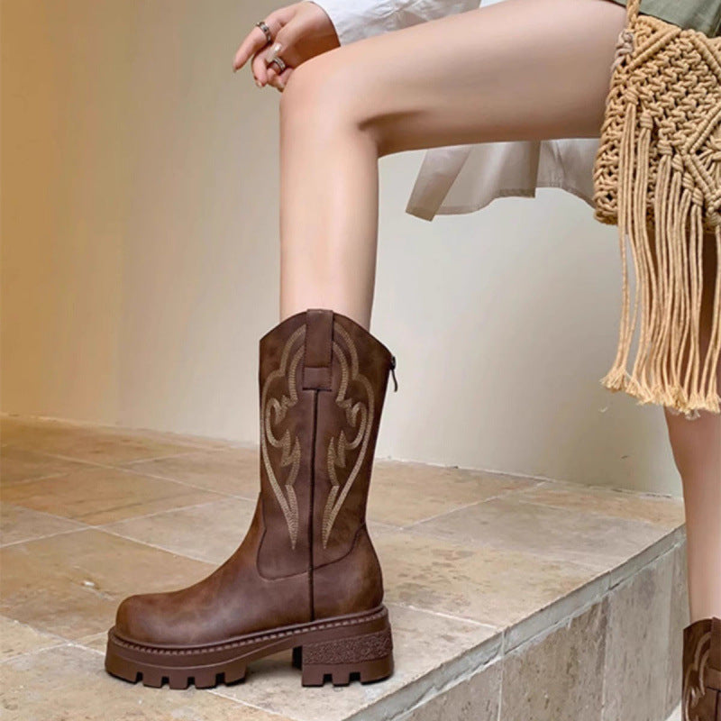 Brigitte | Retro Soft Leather Thick-Sole Mid-Calf Boots