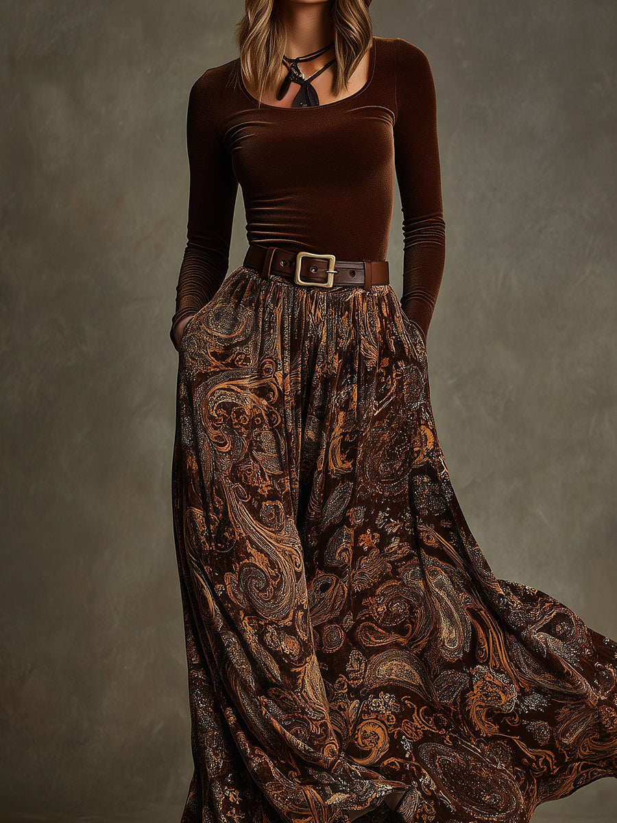 Delphine | Stretch Velvet Top &amp; Paisley Print Maxi Skirt Set with Belt