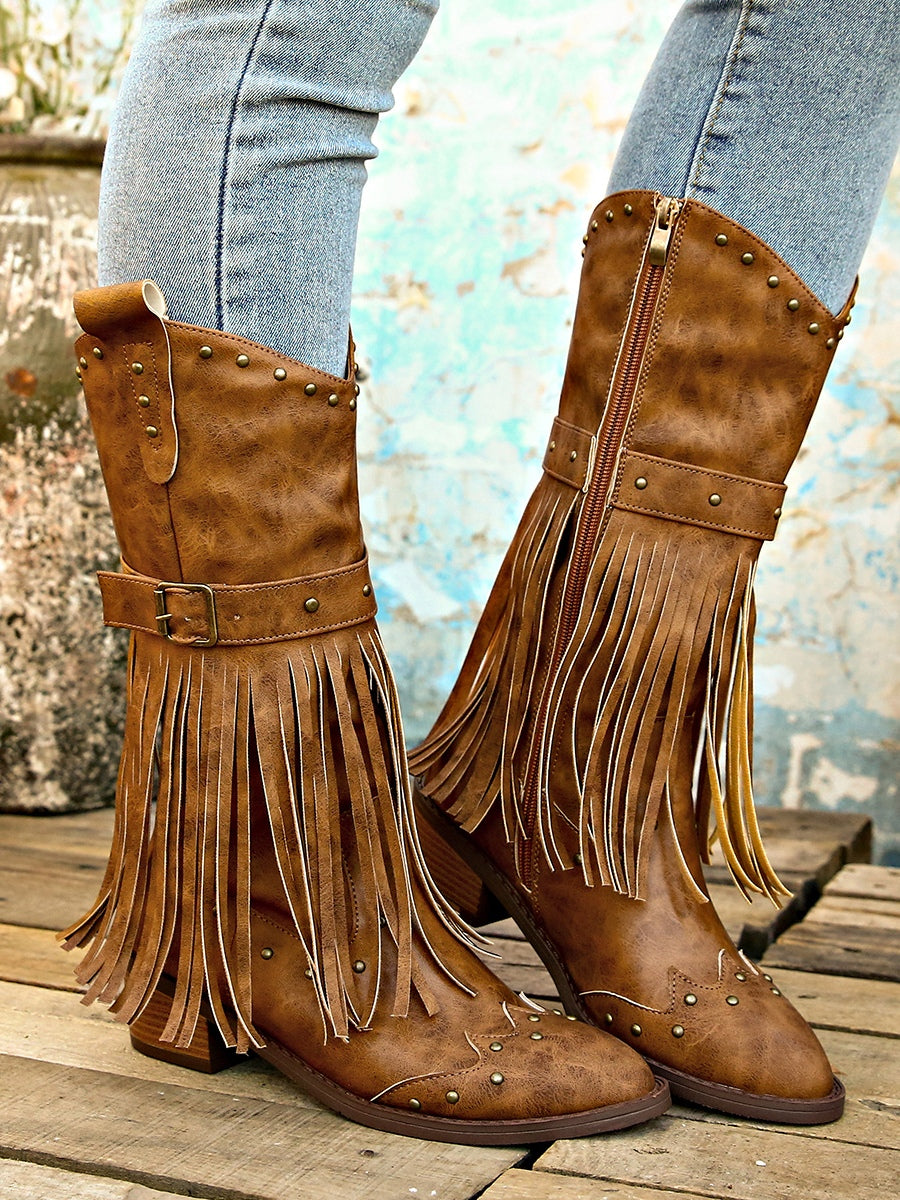 Agnes | Retro Tassel Rivet Knee-High Boots