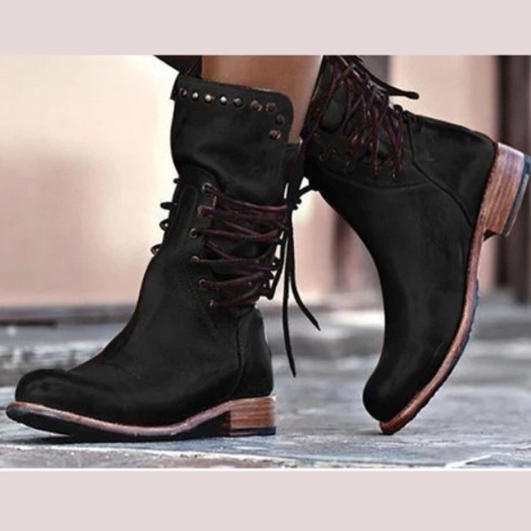 Dorothee | Retro Rivet Lace-Up Mid-Calf Boots