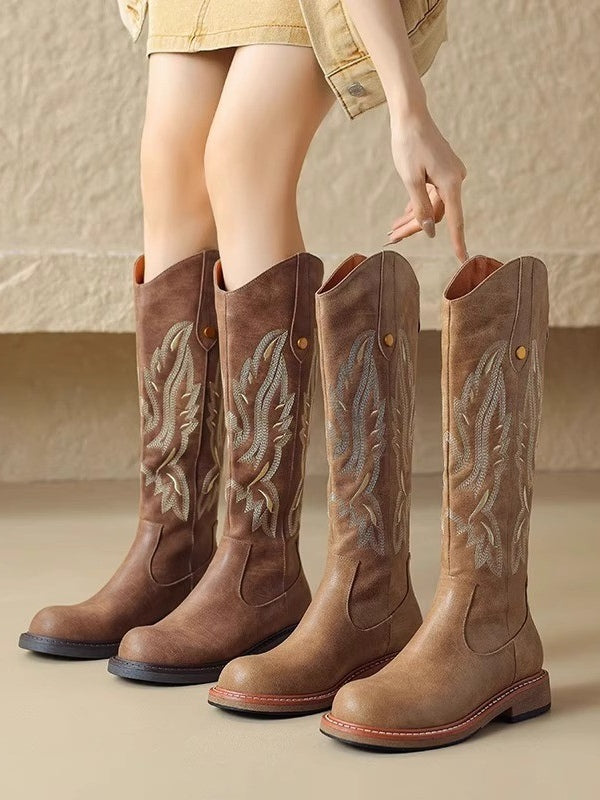 Elettra | Brown Embroidered Long Boots with Back Zip