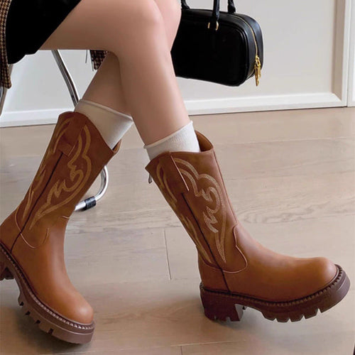 Brigitte | Retro Soft Leather Thick-Sole Mid-Calf Boots