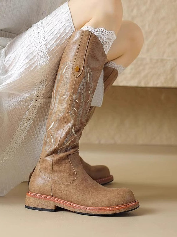 Elettra | Brown Embroidered Long Boots with Back Zip