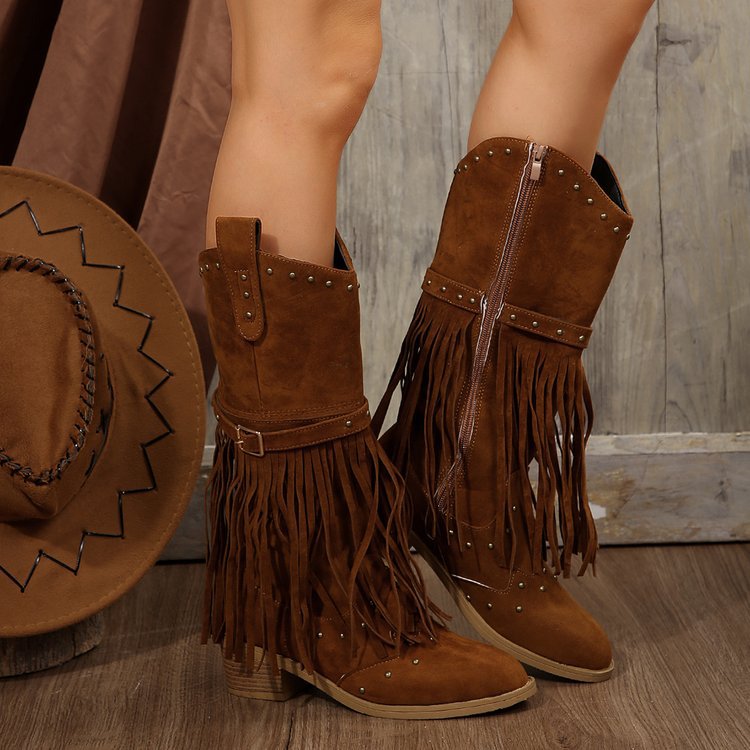 Agnes | Retro Tassel Rivet Knee-High Boots