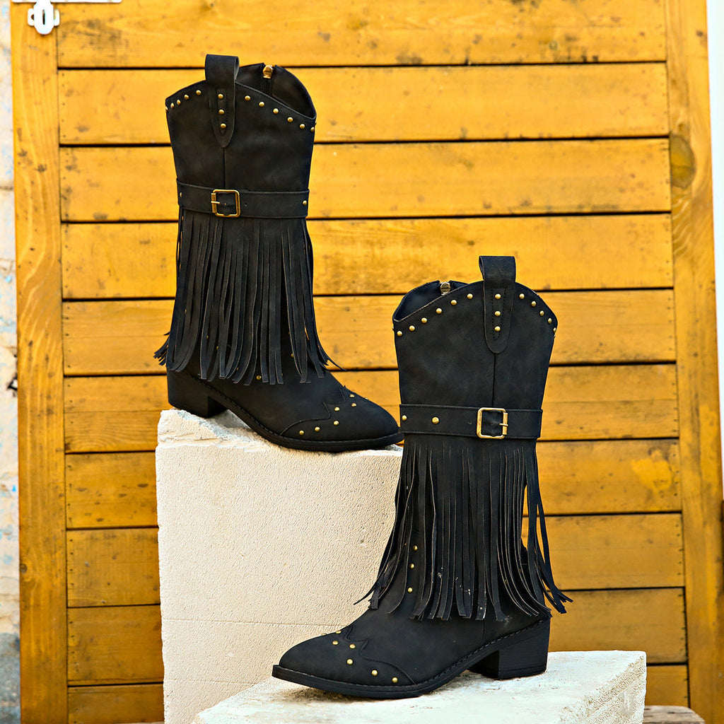 Agnes | Retro Tassel Rivet Knee-High Boots