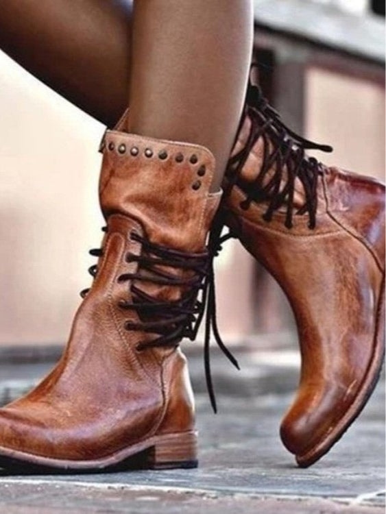Dorothee | Retro Rivet Lace-Up Mid-Calf Boots