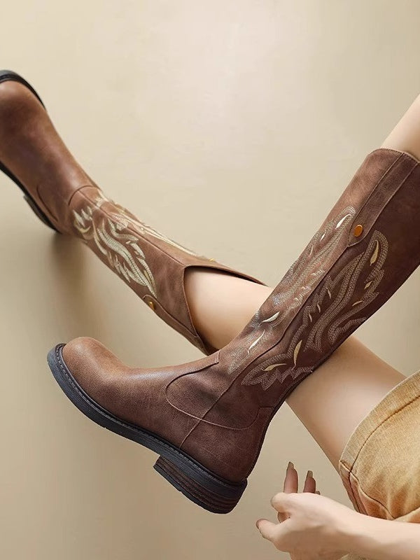 Elettra | Brown Embroidered Long Boots with Back Zip