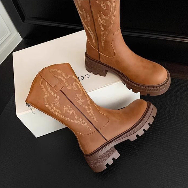 Brigitte | Retro Soft Leather Thick-Sole Mid-Calf Boots