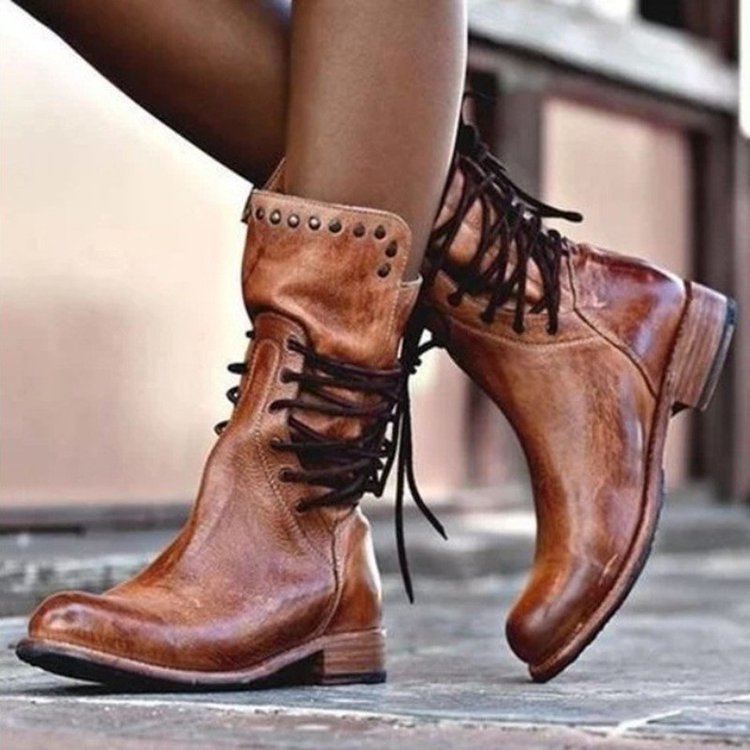 Dorothee | Retro Rivet Lace-Up Mid-Calf Boots