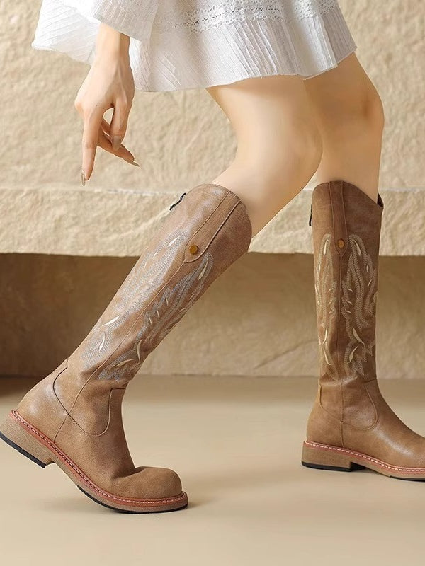 Elettra | Brown Embroidered Long Boots with Back Zip