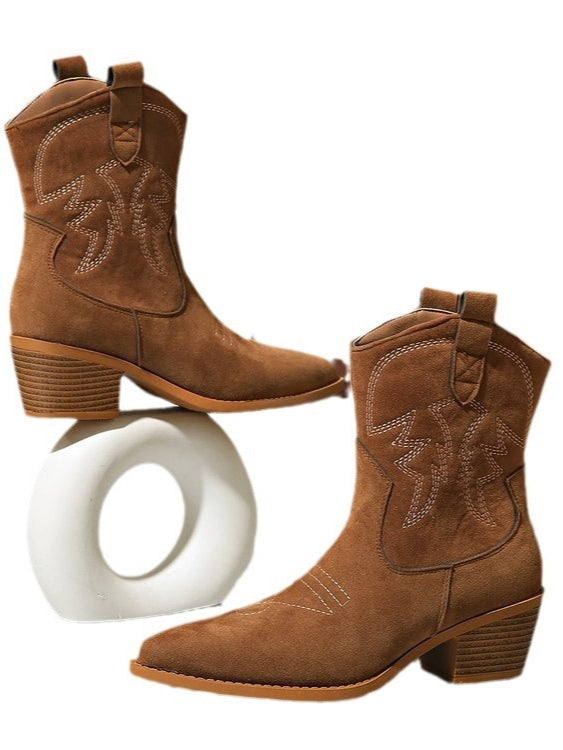 Clémence | Retro Embroidered Block Heel Mid-Calf Boots