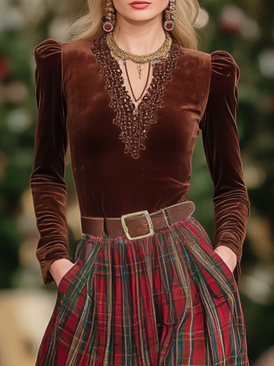 Mireille | Lace V-Neck Top and Plaid Skirt Set for Women