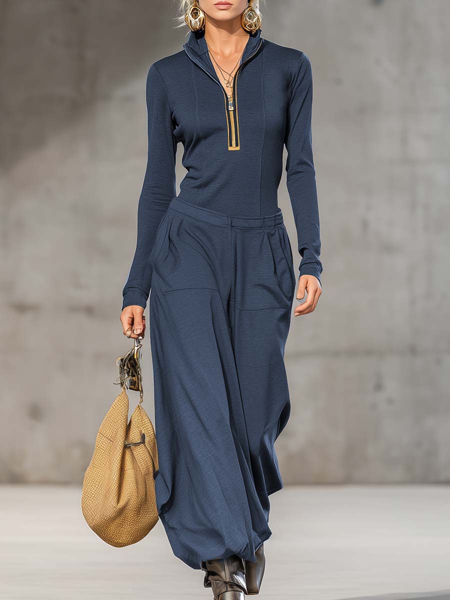 Ersilia | Casual Zipper Top and Wide Pants Set for Women
