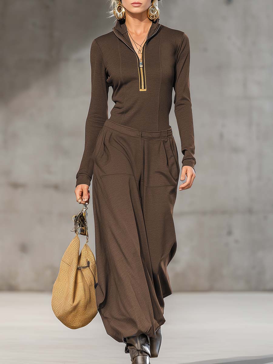 Ersilia | Casual Zipper Top and Wide Pants Set for Women