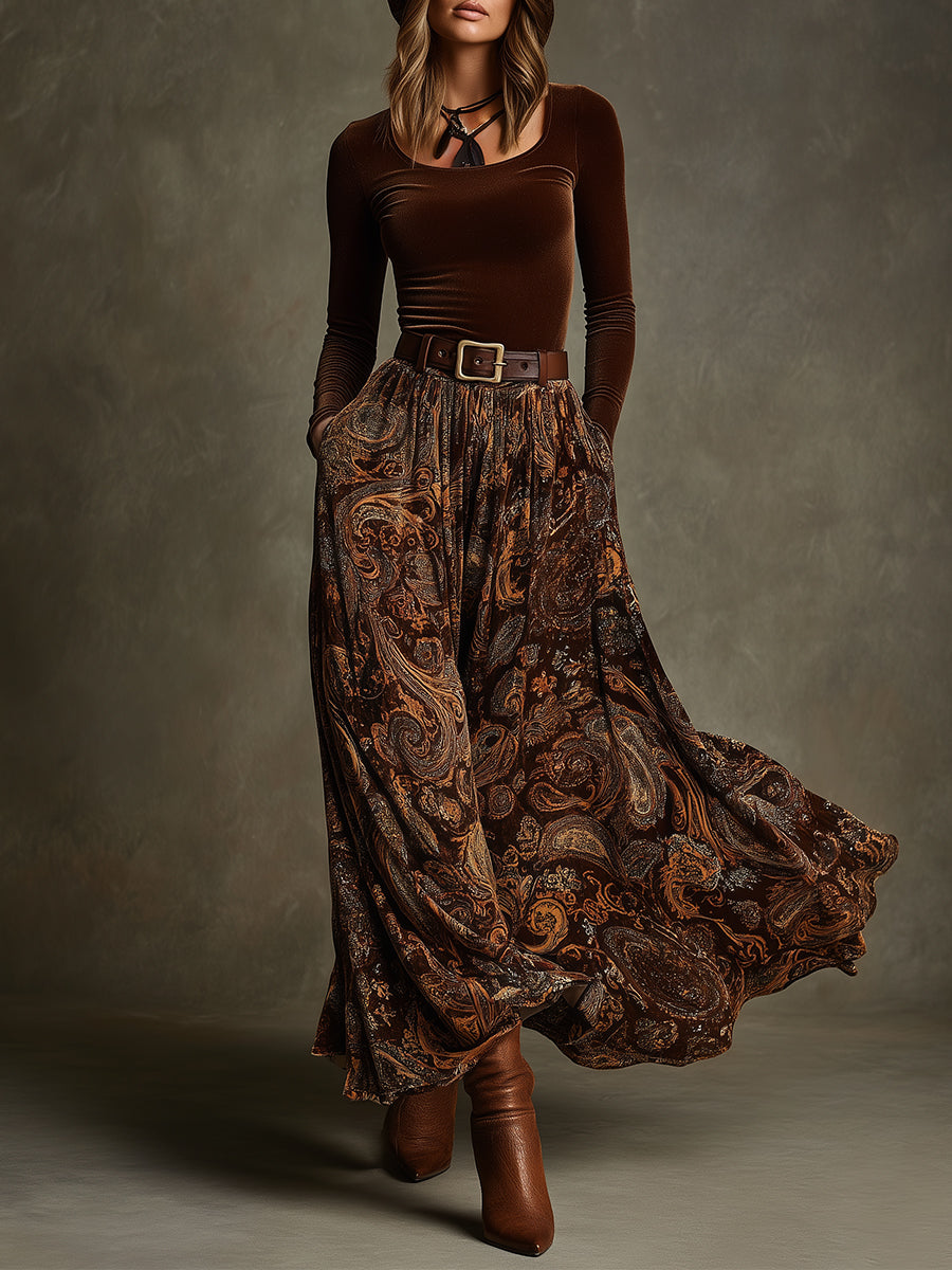 Delphine | Stretch Velvet Top &amp; Paisley Print Maxi Skirt Set with Belt