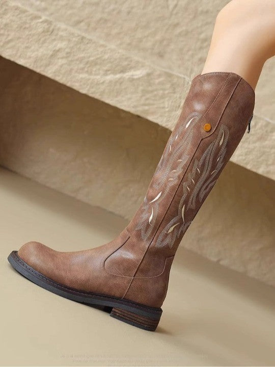 Elettra | Brown Embroidered Long Boots with Back Zip