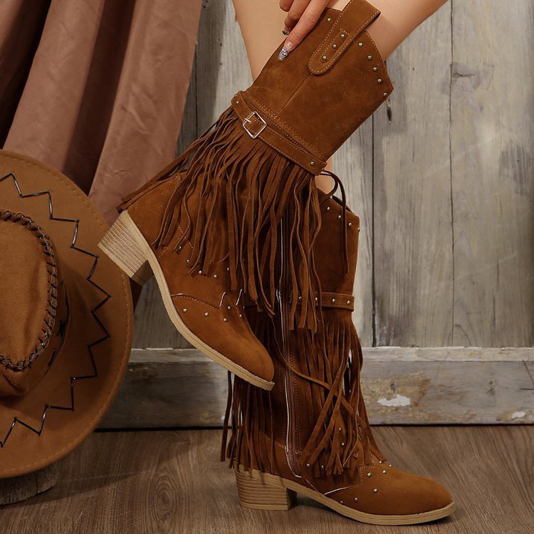 Agnes | Retro Tassel Rivet Knee-High Boots