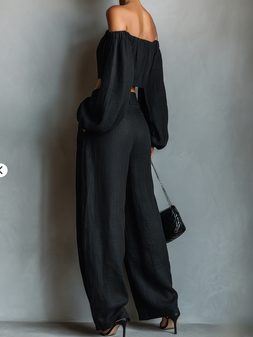 Adrienne | Elegant Linen-Blend Strapless Blouse &amp; Wide-Leg Pants Set for Women