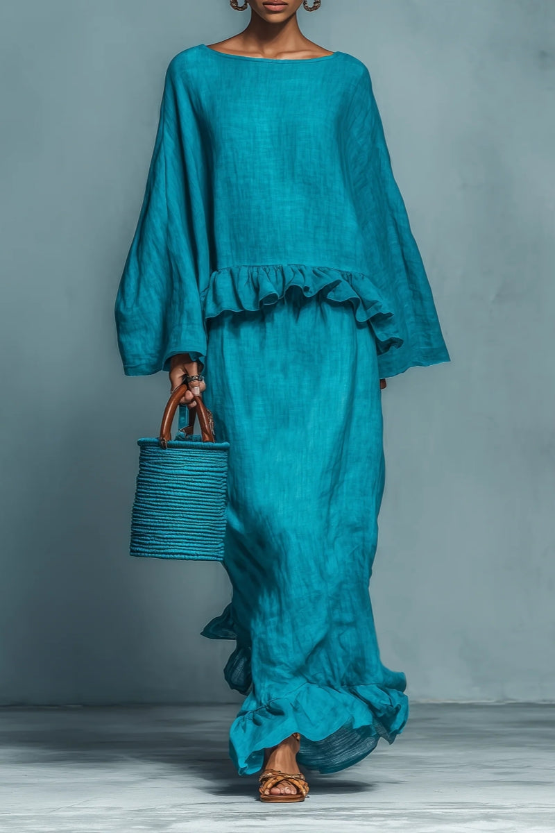 Laurence | Blue Ruffle Linen-Blend Blouse &amp; Skirt Set for Women