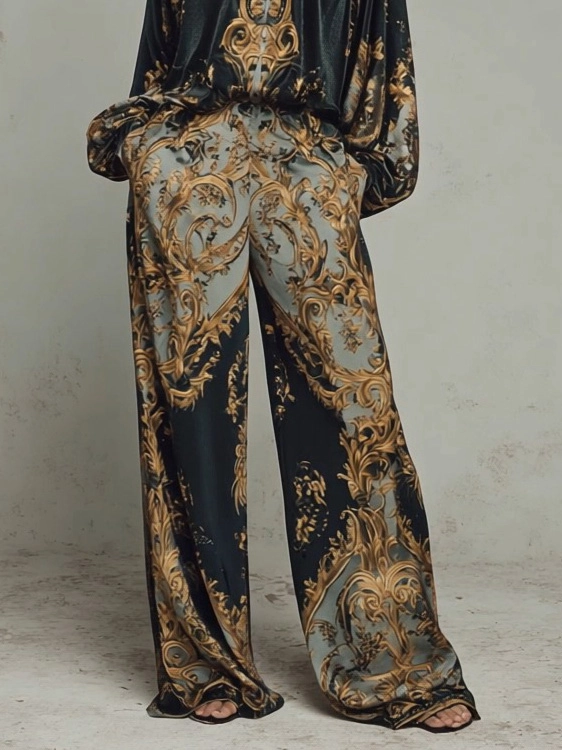 Retro Baroque Print Deep V-Neck Relaxed Fit Set