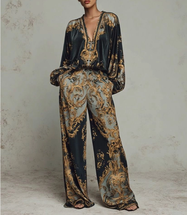 Retro Baroque Print Deep V-Neck Relaxed Fit Set