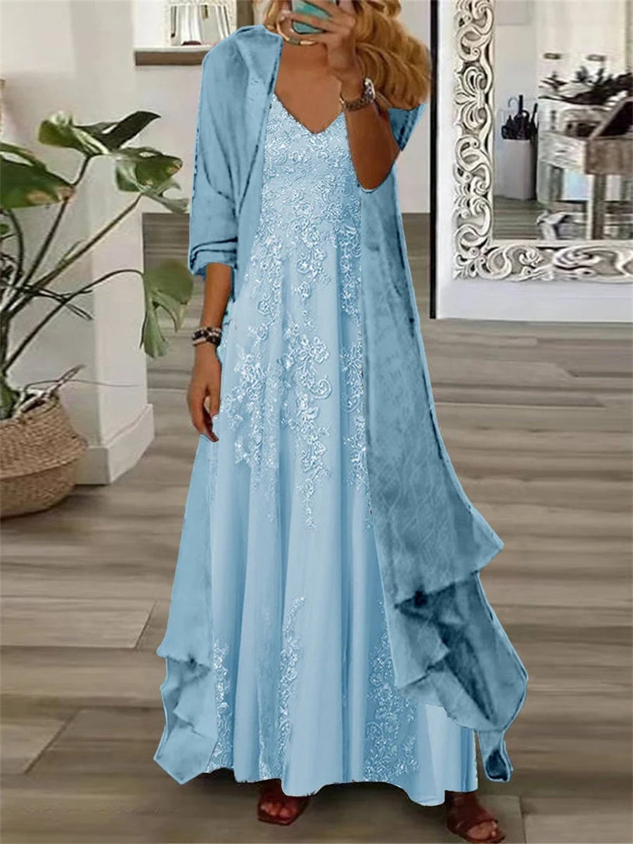 Verdiana | Floral V-Neck Long-Sleeve Two-Piece Maxi Set for Women