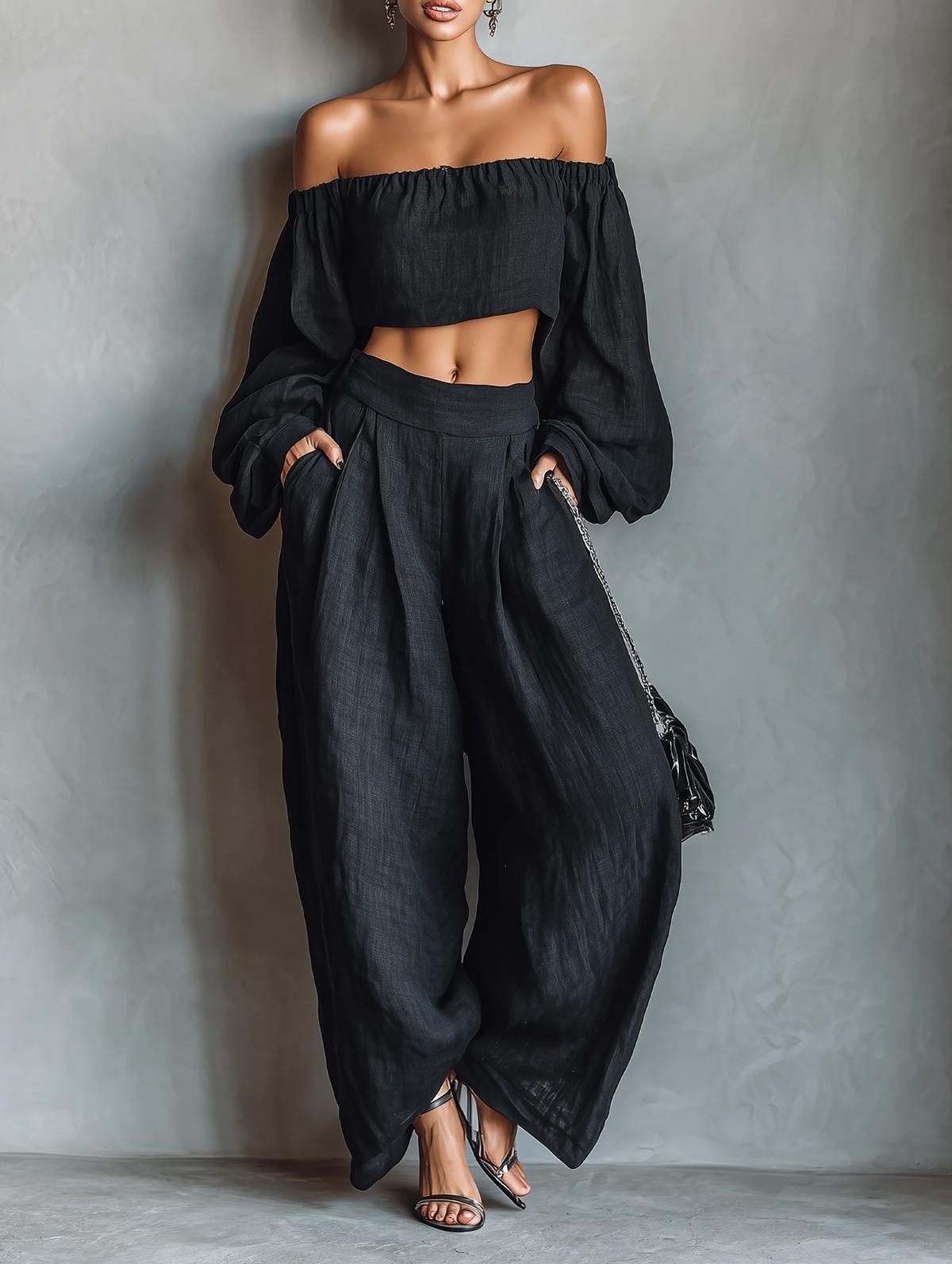 Adrienne | Elegant Linen-Blend Strapless Blouse &amp; Wide-Leg Pants Set for Women