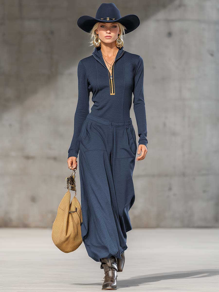 Ersilia | Casual Zipper Top and Wide Pants Set for Women
