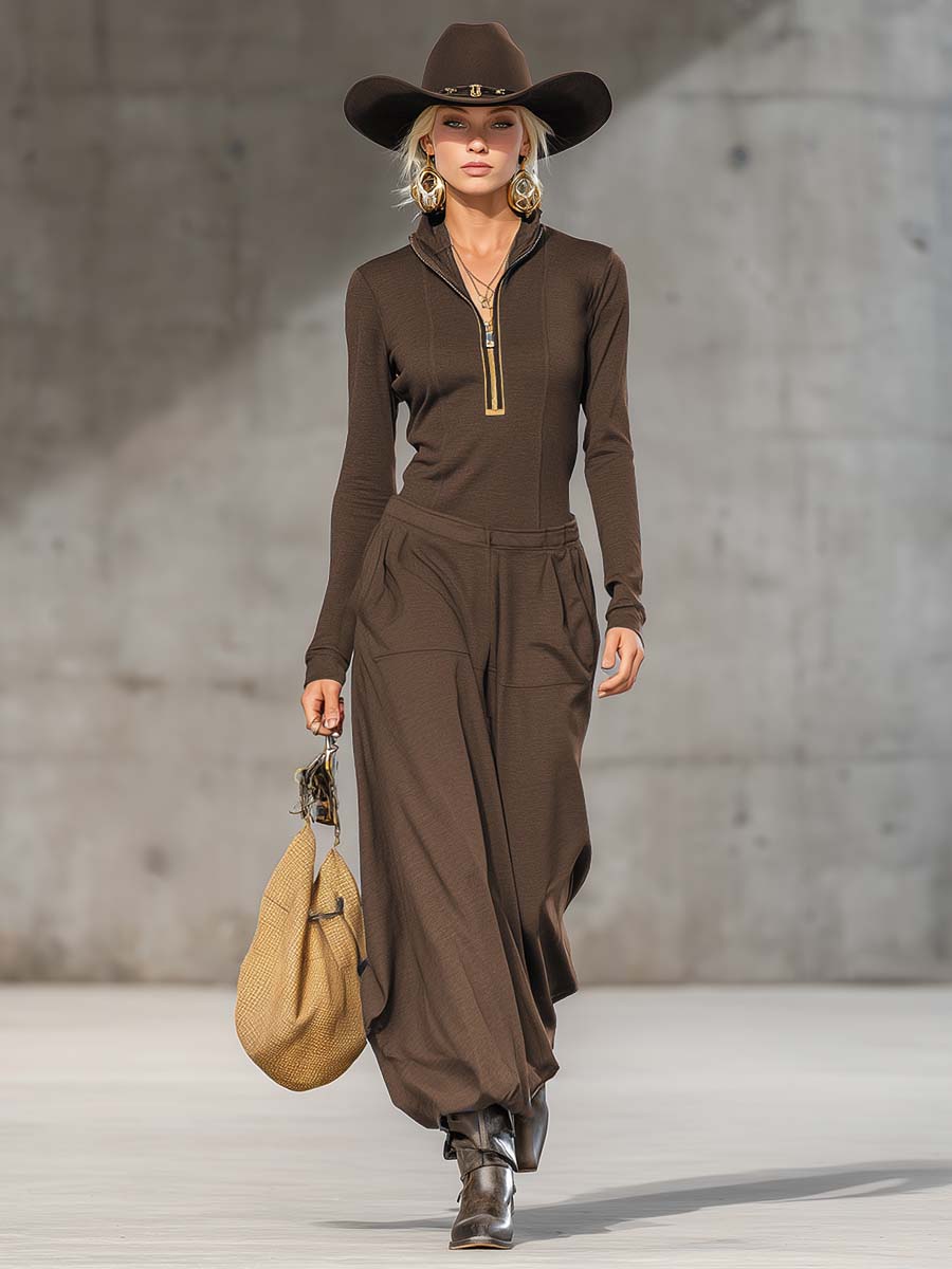 Ersilia | Casual Zipper Top and Wide Pants Set for Women