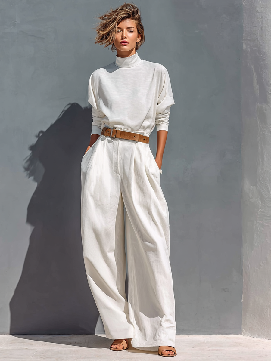 Isabeau | White High Neck Tee and Wide-Leg Pants Set for Women