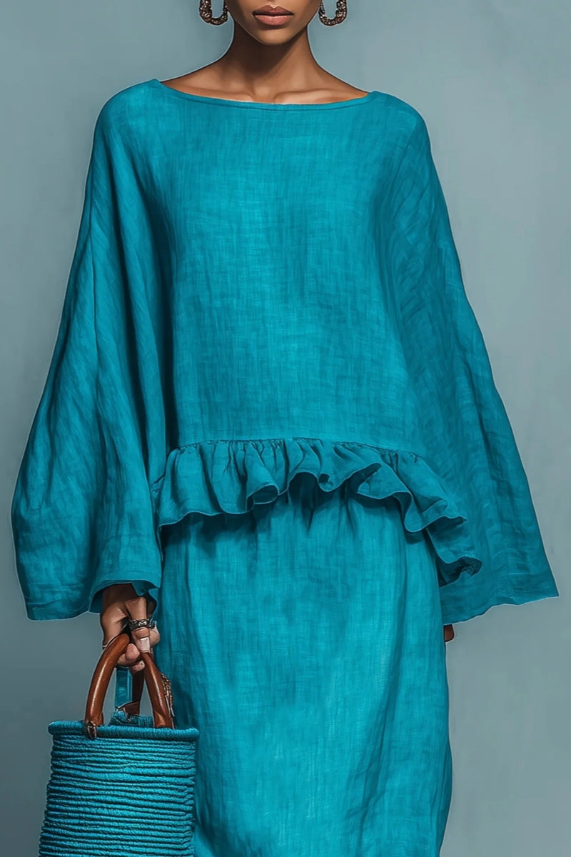 Laurence | Blue Ruffle Linen-Blend Blouse &amp; Skirt Set for Women