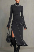 Micheline | Asymmetric Multi-Zipper High-Neck Two-Piece Set for Women