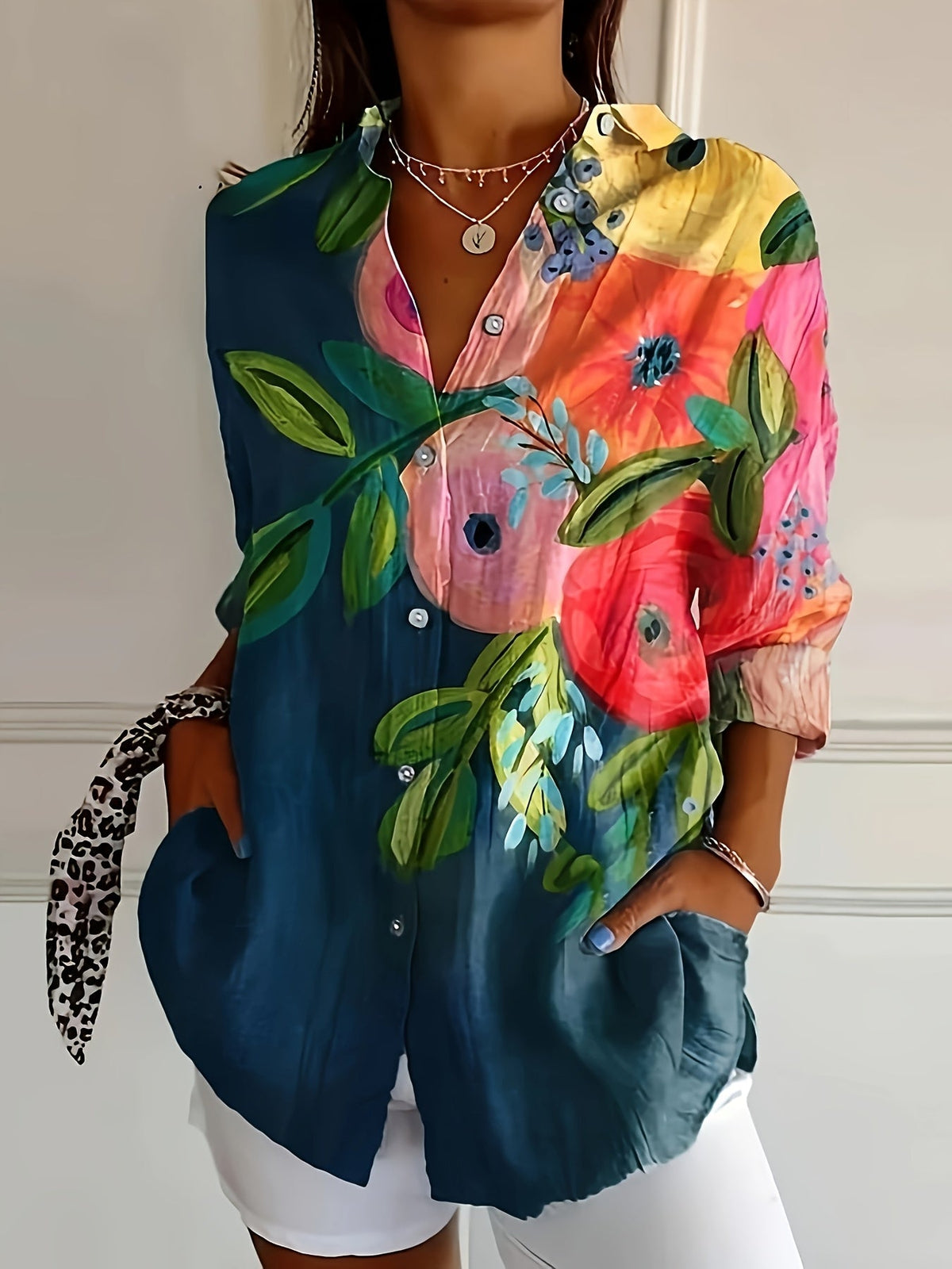 Poppy | All-Over Print Long-Sleeve Button Blouse for Women