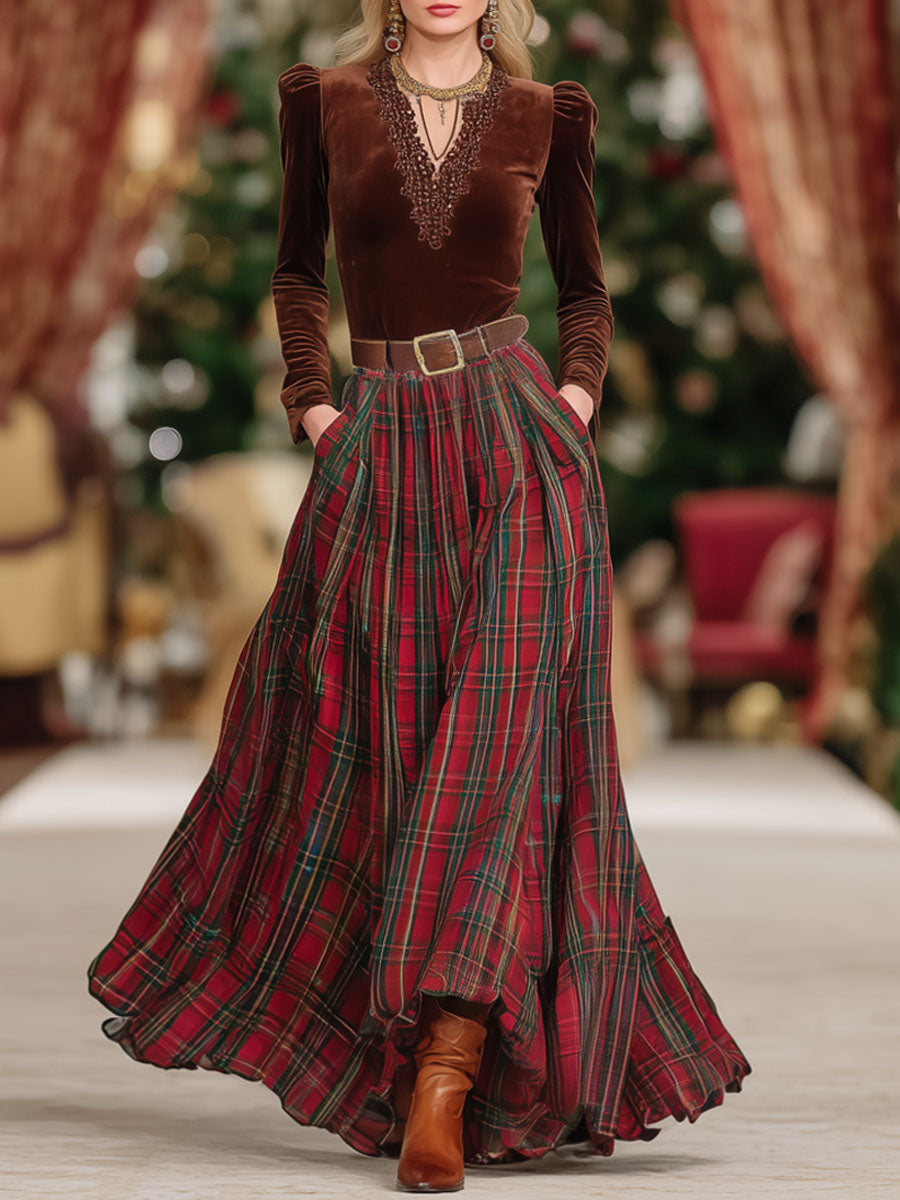Mireille | Lace V-Neck Top and Plaid Skirt Set for Women