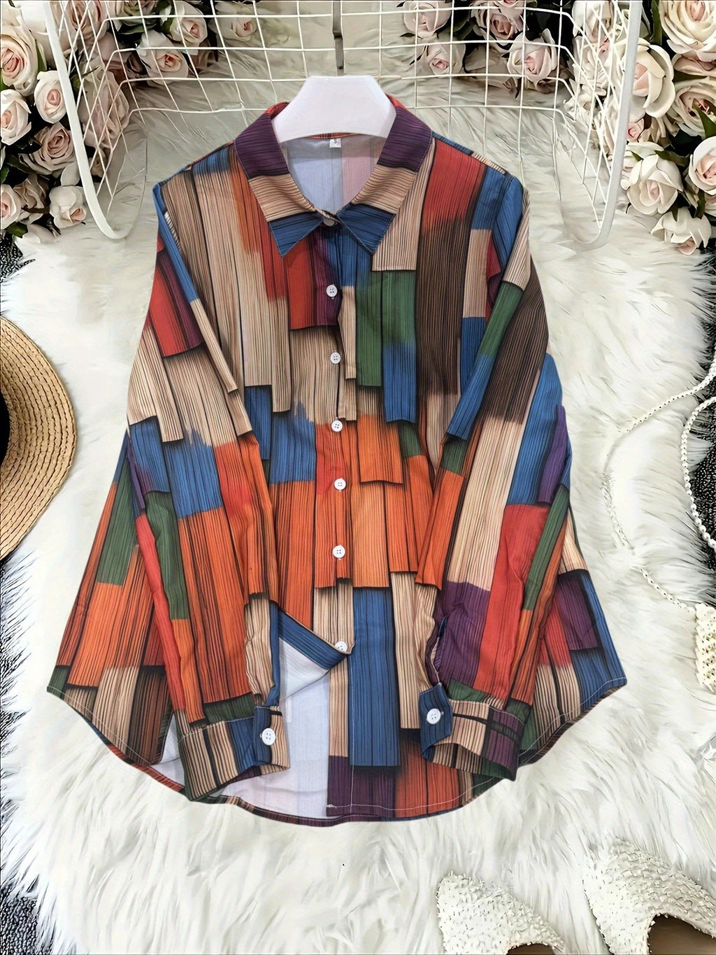 Greta | Geometric Print Collared Long Sleeve Blouse for Women