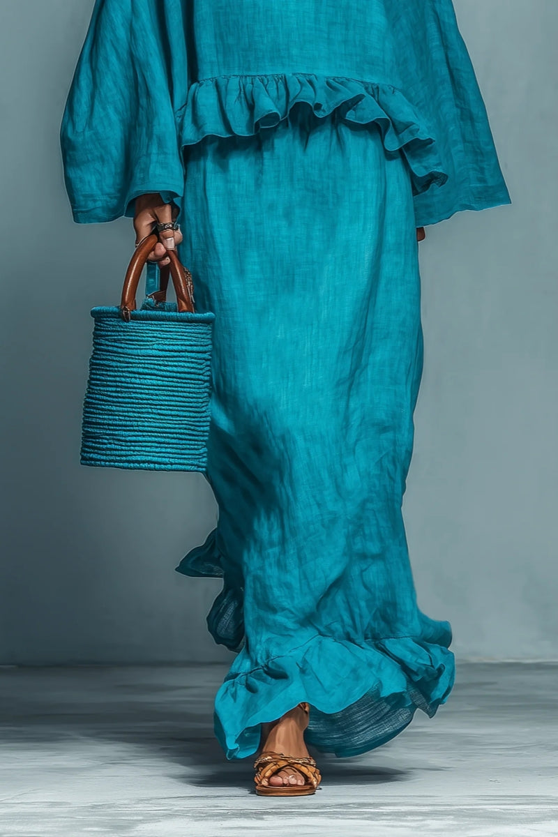 Laurence | Blue Ruffle Linen-Blend Blouse &amp; Skirt Set for Women