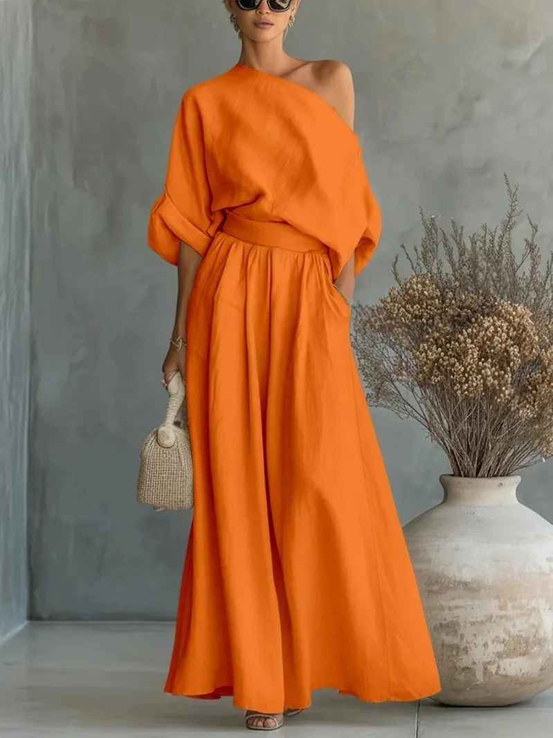 Simona | Soft Off-Shoulder Top & Tapered Pants Set for Women