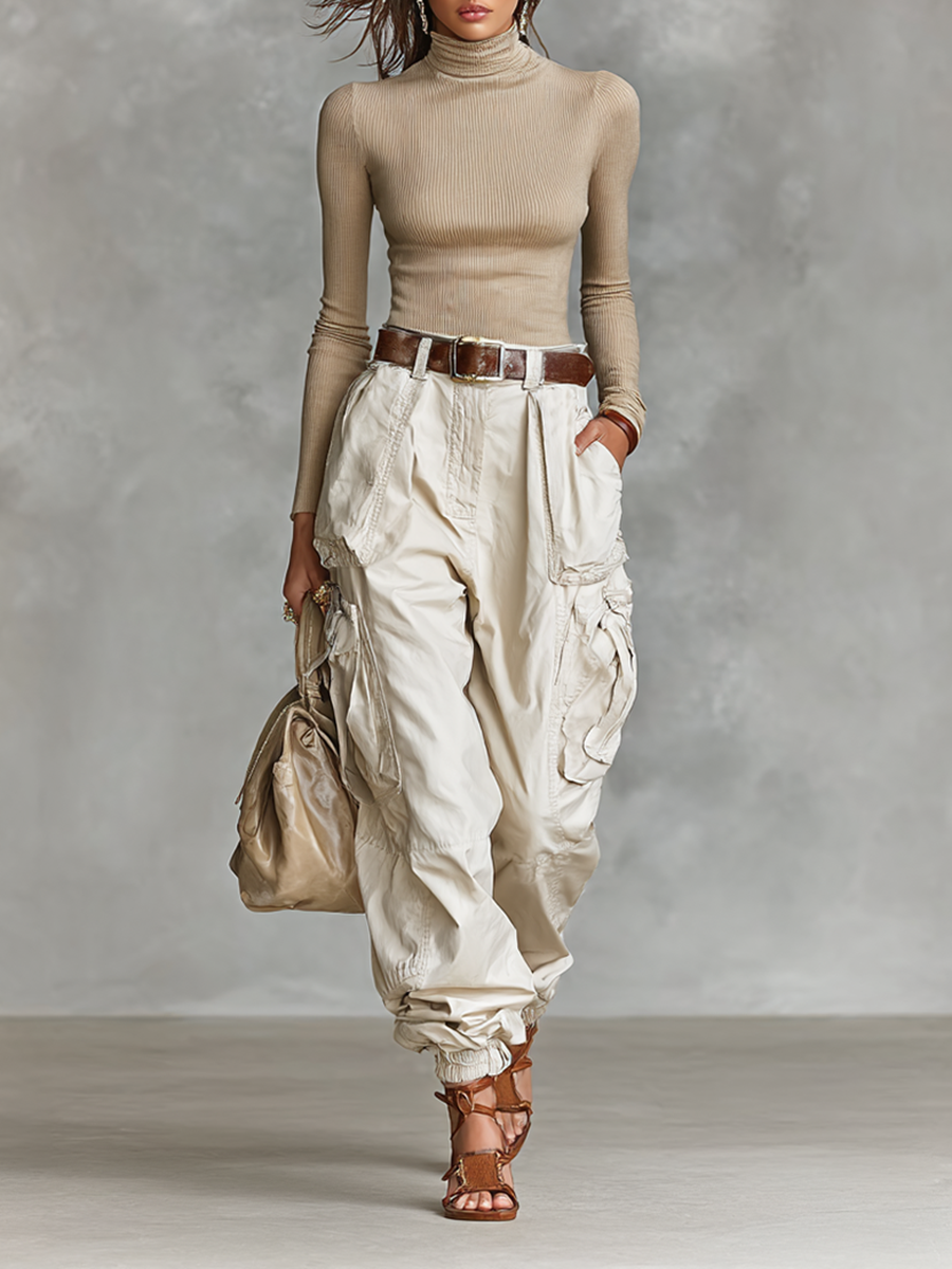 Agapi | High Neck Long Sleeve Top and Cargo Pants Set for Women