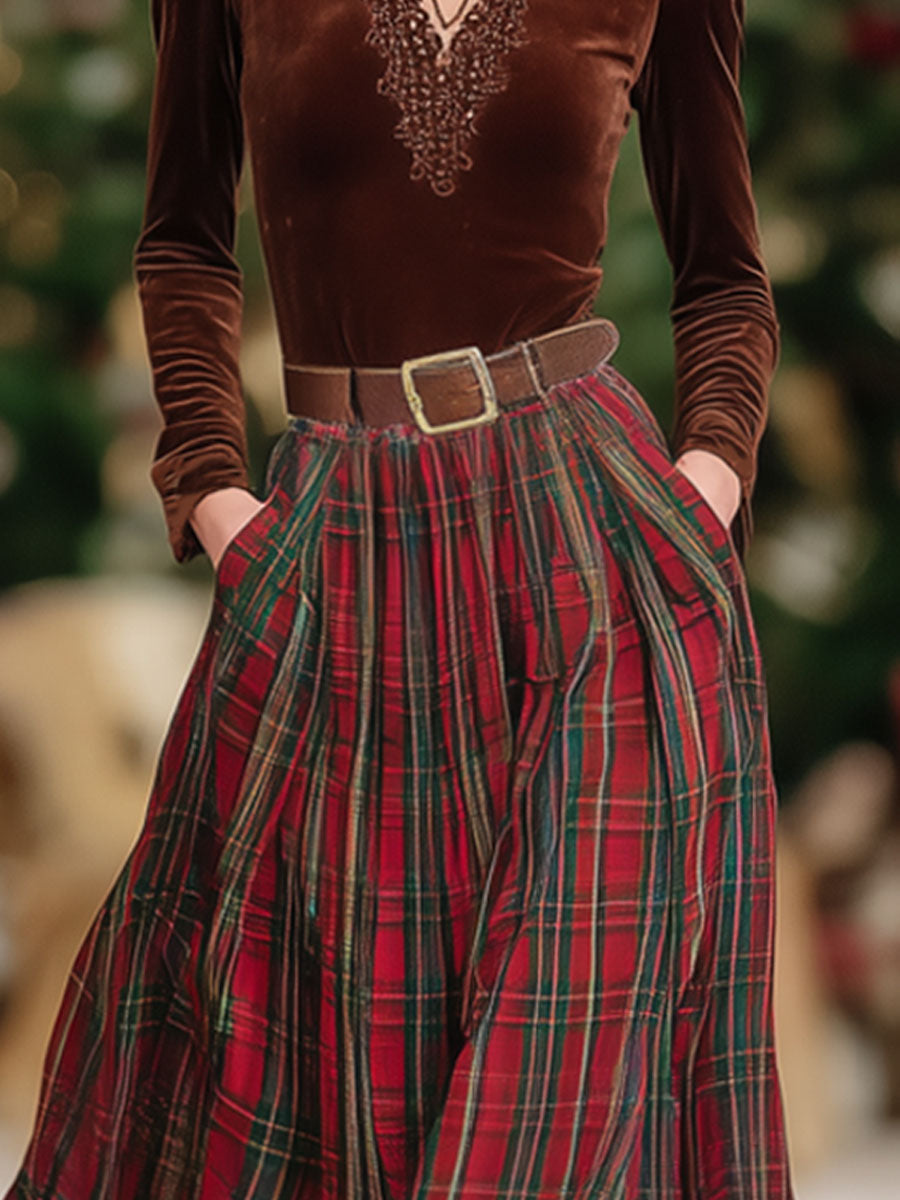 Mireille | Lace V-Neck Top and Plaid Skirt Set for Women