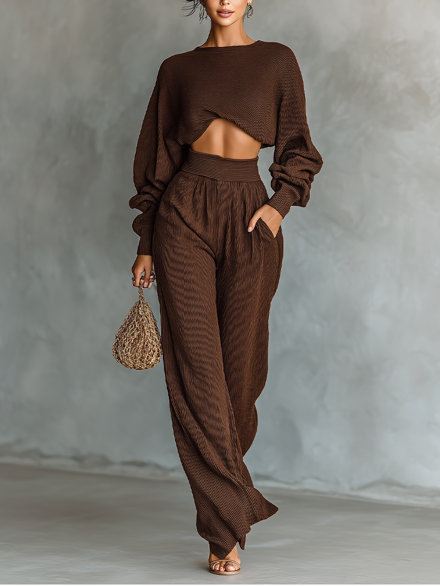 Natividad | Short Top and Wide-Leg Pants Knitted Set for Women