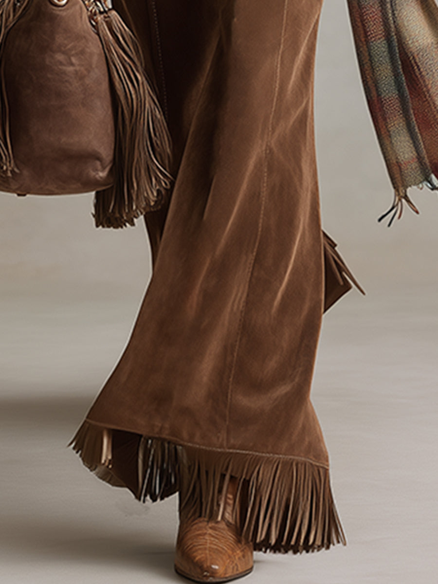 Rachelle | Faux Suede Tassel Flared Trousers for Women