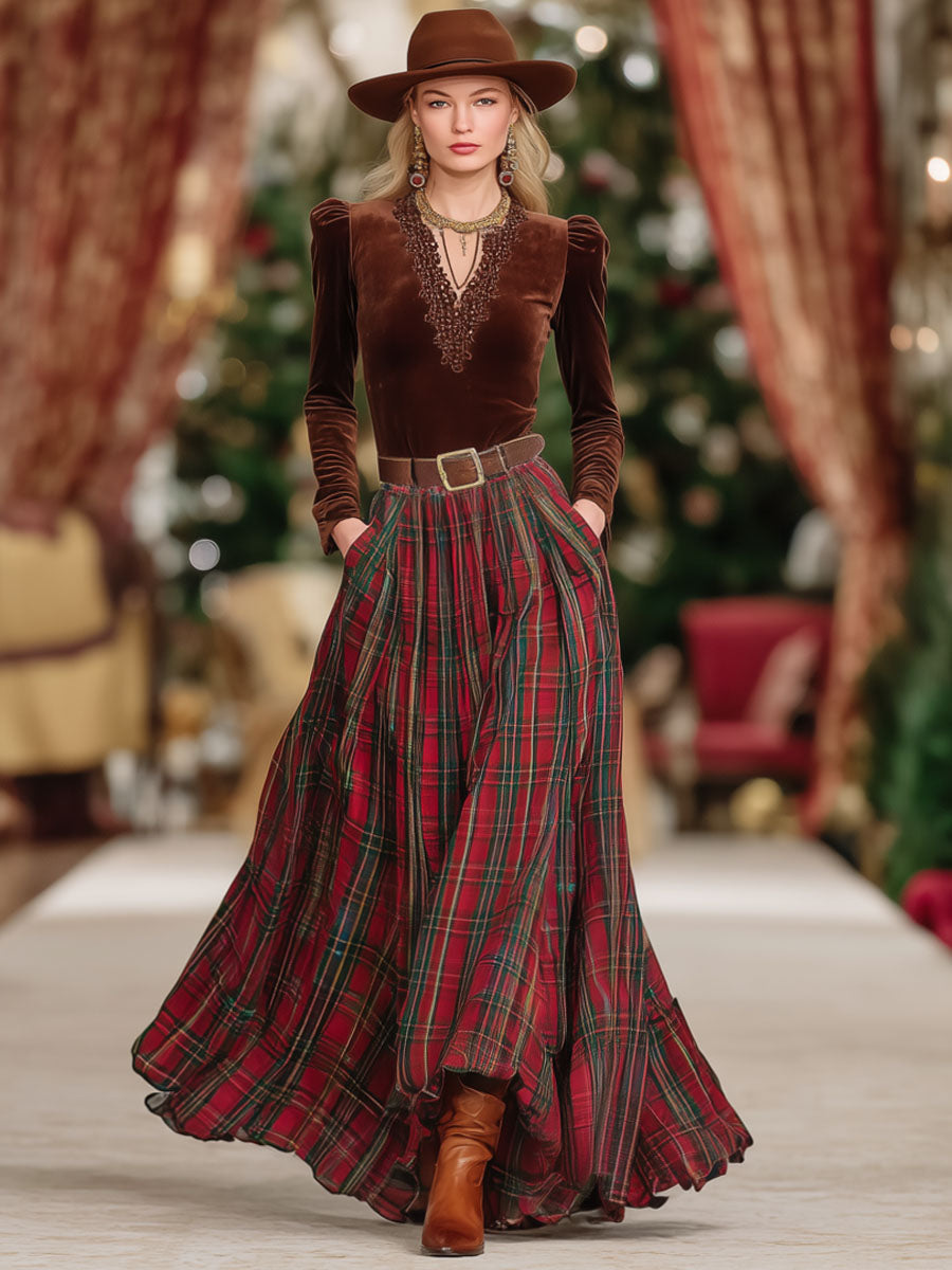 Mireille | Lace V-Neck Top and Plaid Skirt Set for Women