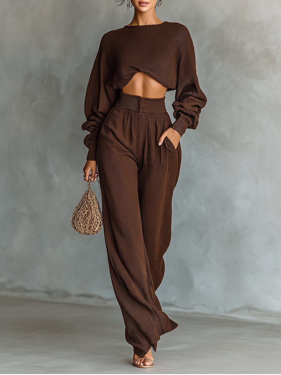 Natividad | Short Top and Wide-Leg Pants Knitted Set for Women