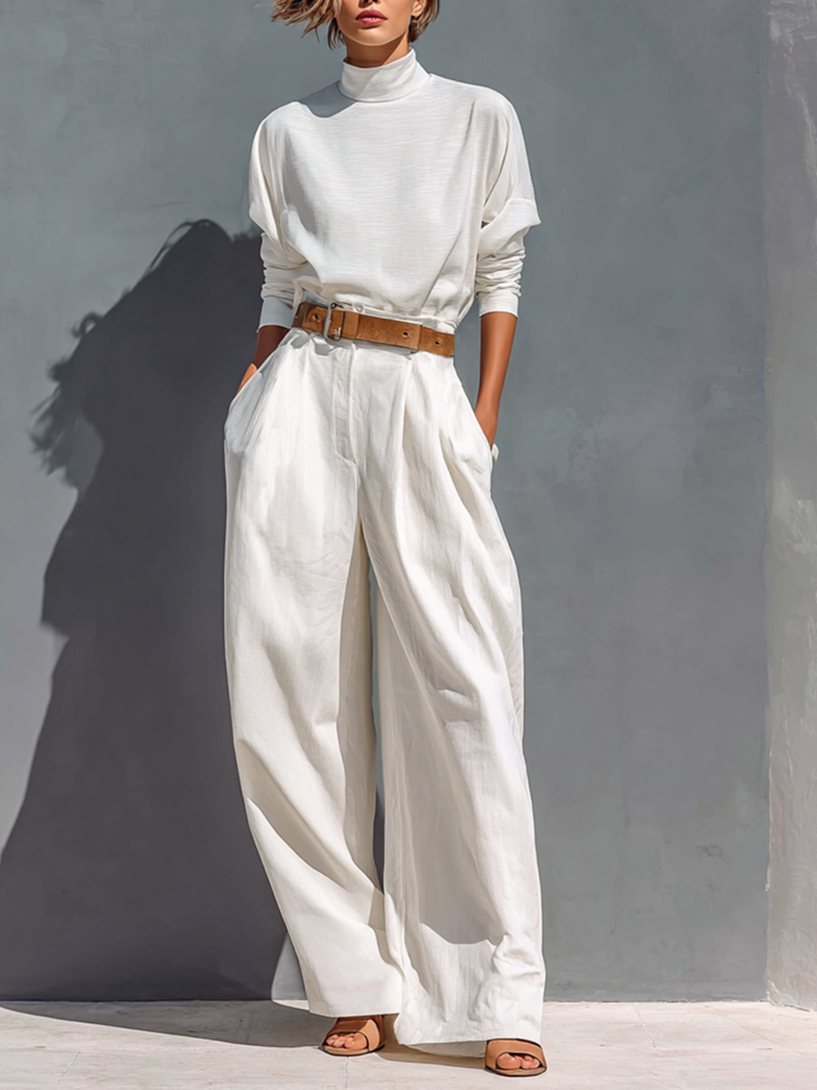 Isabeau | White High Neck Tee and Wide-Leg Pants Set for Women