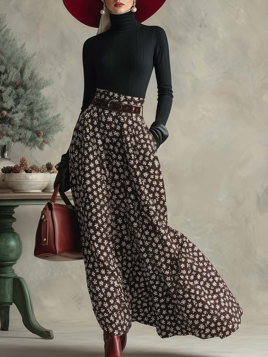 Zafira | Turtleneck Top and Snowflake Print Skirt Set for Women