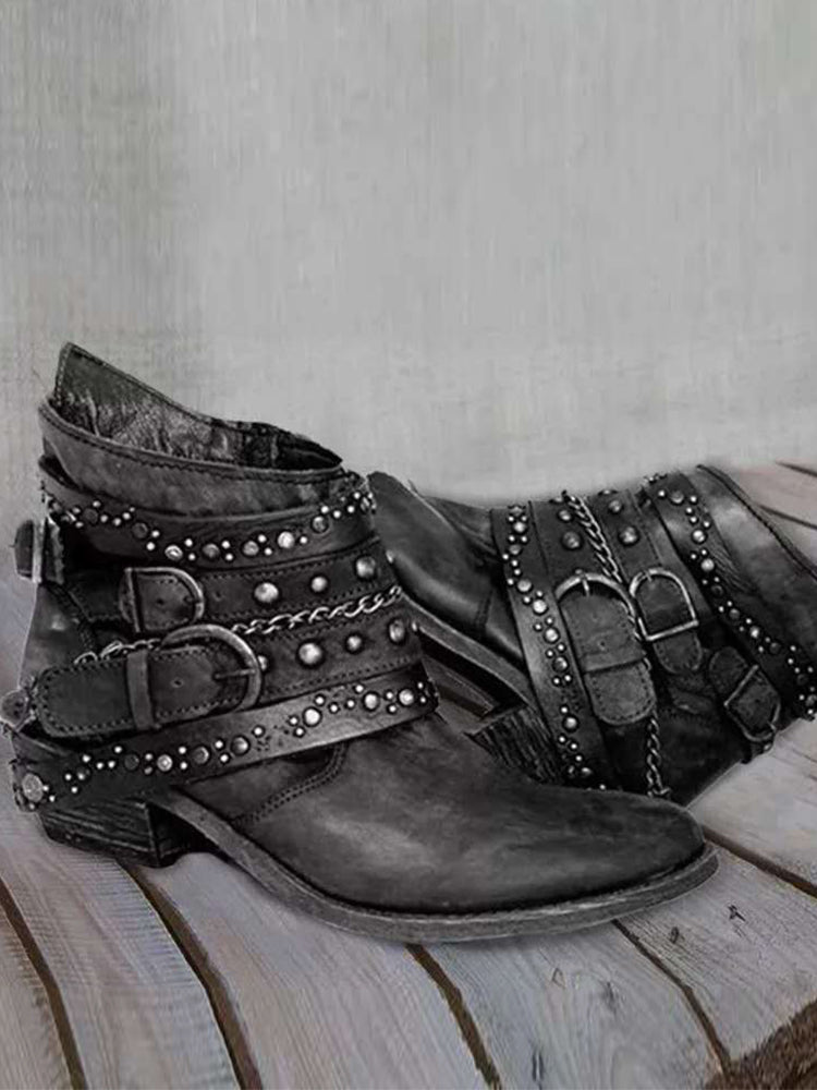 Christelle | Vintage Washed Studded Buckle Ankle Boots