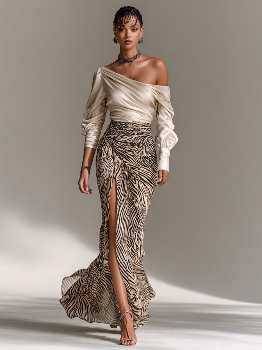 Paolina | Satin Off-Shoulder Zebra Print Top & Skirt Set for Women
