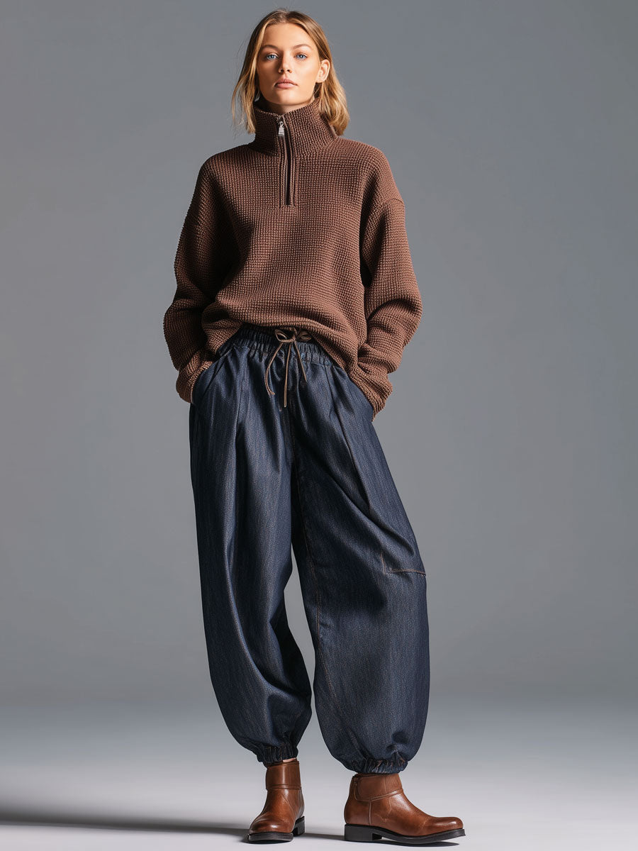 Yvonne | Retro Navy Blue Lantern Jeans for Women