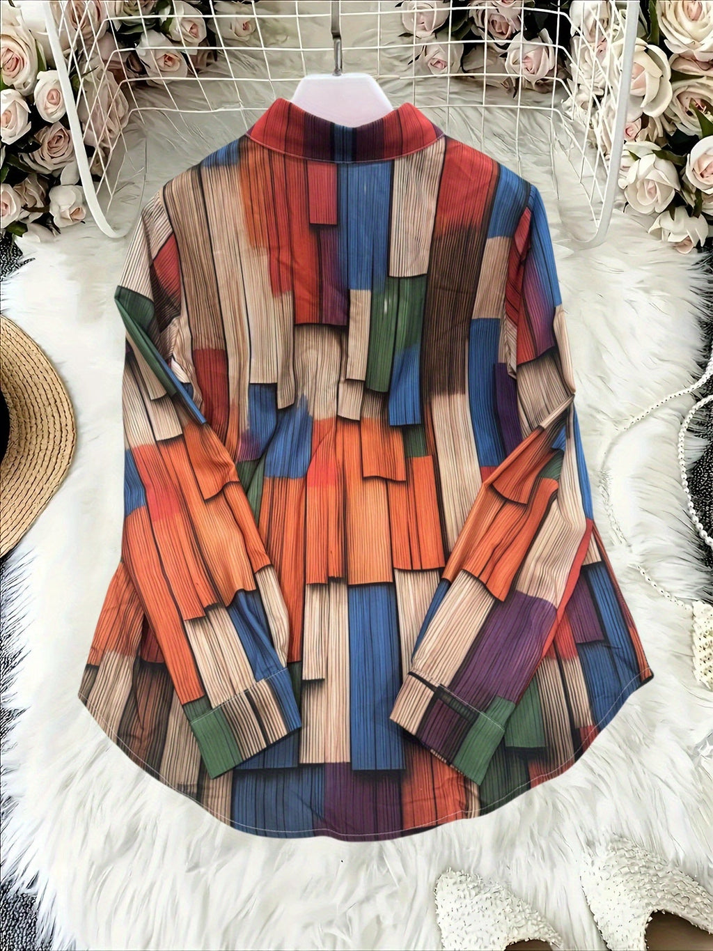 Greta | Geometric Print Collared Long Sleeve Blouse for Women