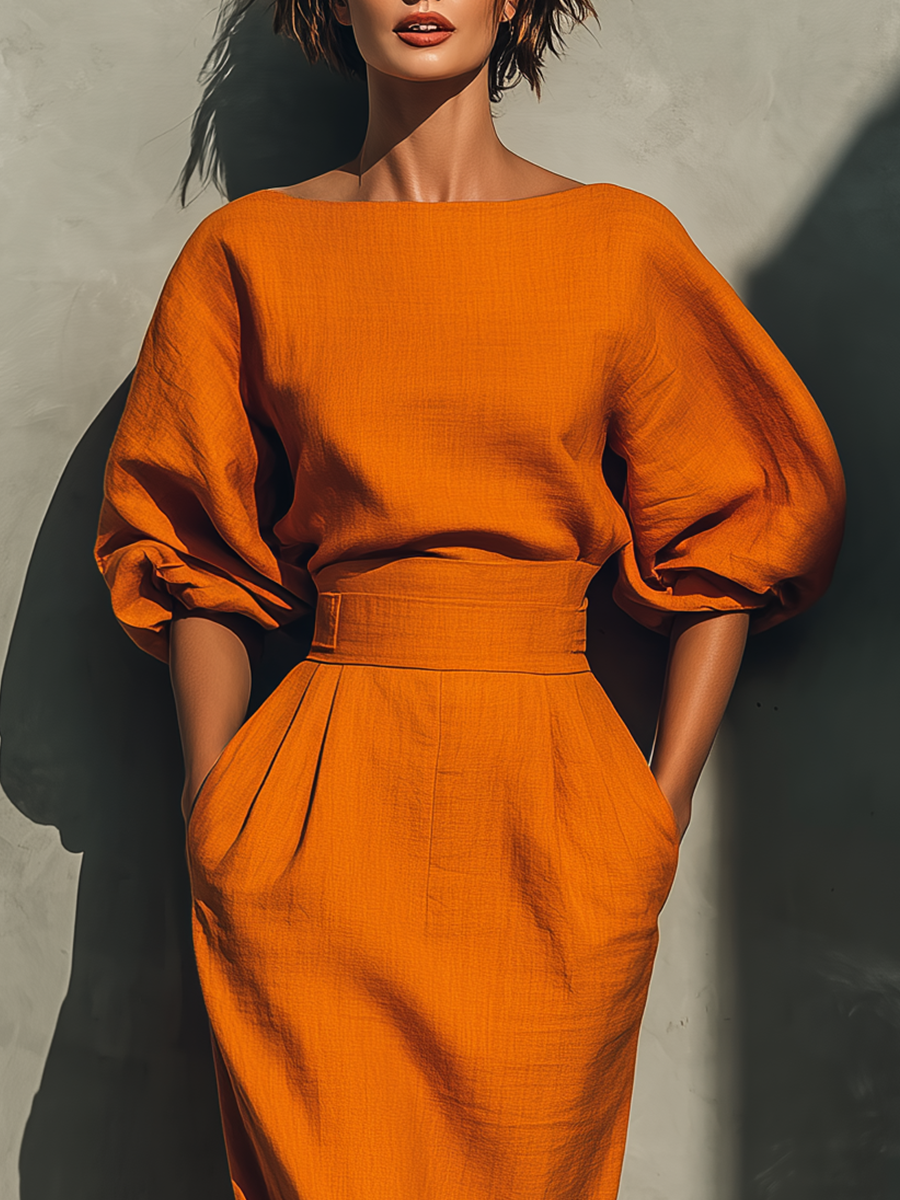 Zelmira | Orange Mid-Sleeve Top & Midi Skirt Set for Women